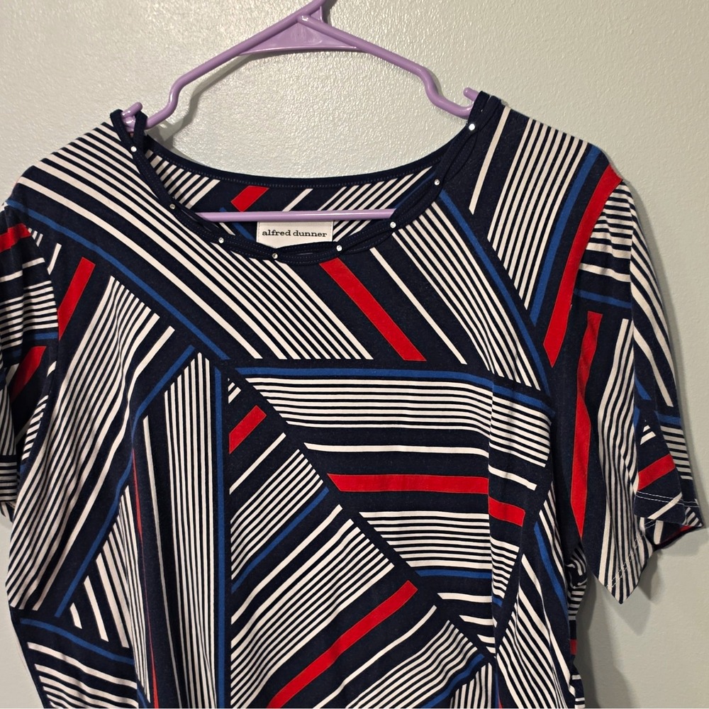 Alfred Dunner Navy Geometric Knit Stretch Round Neck Pullover Tee Size L #352